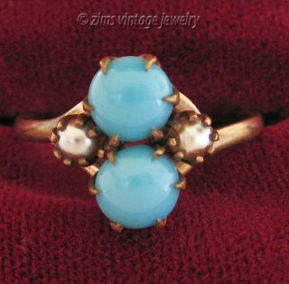 Vintage Art Deco Faux Persian Turquoise Glass Cabochon Pearl Gold Brass Ring 8.  5