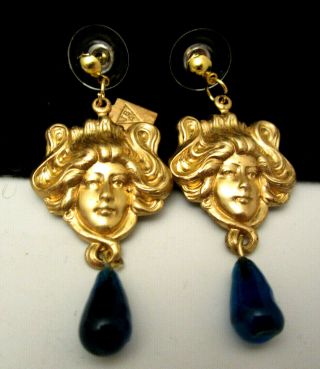 Vintage Signed Jb Goldtone 2 " Art Nouveau Blue Glass Dangle Pierce Earring A30