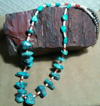 Native American Vintage Turquoise,  Coral,  Heishi & Silver Bench Bead Necklace