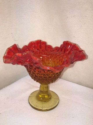 Vtg Fenton Amberina Red Yellow Art Glass Hobnail Ruffle Compote Candy Dish Vase