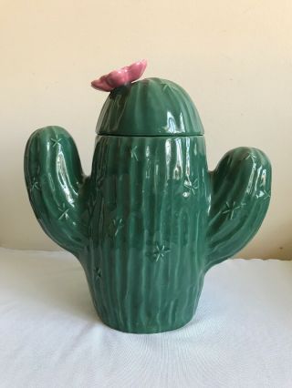 Vintage Treasure Craft Cactus Cookie Jar Pink Flower Southwest Style Made In Usa