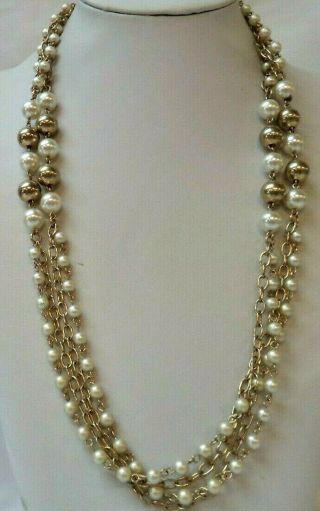 Stunning Vintage Estate Faux Pearl Beaded Gold Tone 52 " Necklace 2247i