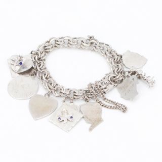 Vtg Sterling Silver - Loaded Silhouette Heart Charm 7 " Chain Link Bracelet - 57g