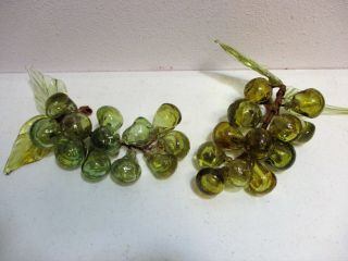 2 Vintage Hand Blown Glass Grape Clusters Leaves Stems Murano Style Amber Green