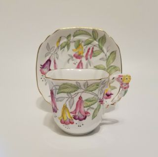 Vintage Royal Stafford Bone China Teacup Tea Cup Saucer Fuchsia Flower Handle