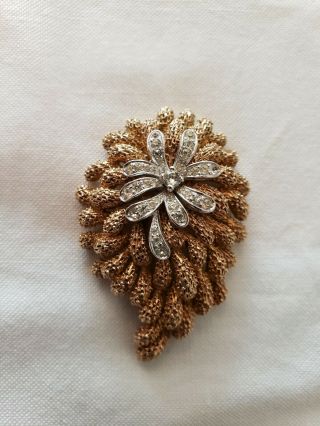 Vintage Textured Gold Tone Panetta Rhinestone Flower Leaf Brooch Pin