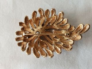 Vintage Textured Gold Tone PANETTA Rhinestone Flower Leaf Brooch Pin 2
