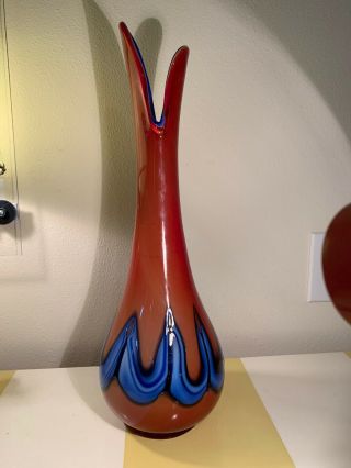 Vintage Azerbaijan Russian Hand Blown Vase Mcm Art Glass Glassware 18.  5” Tall
