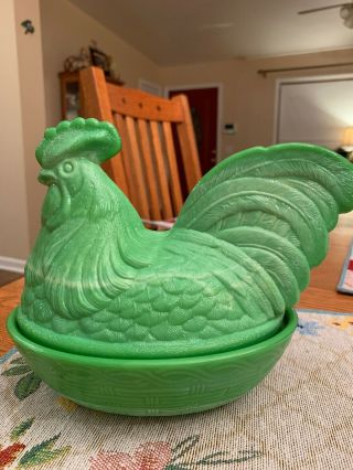 Vintage Large Green & White Slag " Fenton " Hen On A Nest - Perfect
