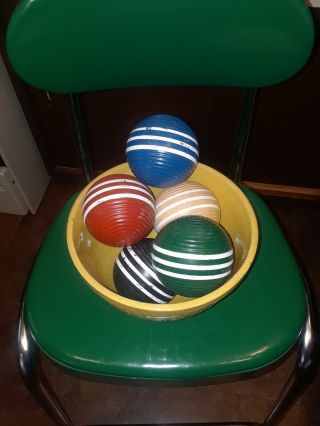 Old Vintage Set Of 5 Wood 3 Three Striped Ribbed Croquet Balls 5 Colors Look