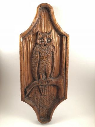 Vintage Hand Carved Wooden Owl Wall Plaque Art Hanging 1982