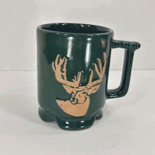 Vintage Frankoma Deer Buck Mug Dark Hunter Green Clay Pottery Oklahoma