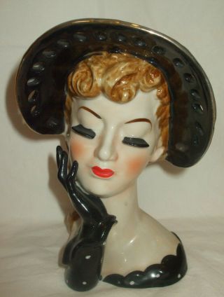 Vtg Rita Hayworth Lady Head Vase 1950s Napco S348b 7 " B&w Dot Dress Hat