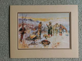 Vintage C M Russell Matted Print " The Wolfers Camp " Native American 11 " X 14 "