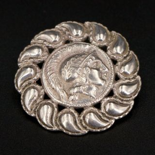 Vtg 800 Silver - Antique Roman Warrior Cameo Wreath Brooch Pin - 11.  5g
