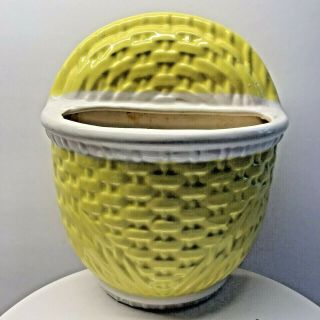 Vintage Haeger Yellow Pottery Ceramic Wall Pocket Usa Basket Weave Leaves Euc