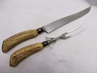 Vtg Lamson Stag Antler Handle Meat Carving Set Knife Fork Sterling Silver