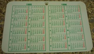 Rolex Pocket Calendar Card Vintage 1995 - 1996 Very Collectible - Usa Seller