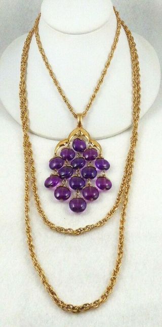 Crown Trifari Vintage Purple Apple Waterfall Necklace Gold Tone 3 Chains Drop