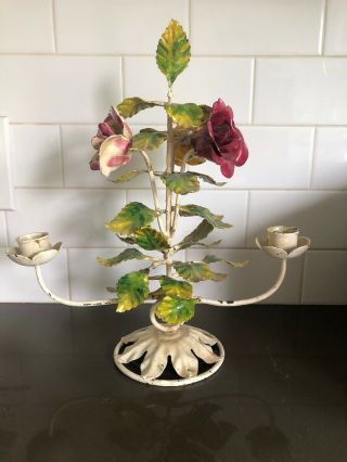 Vintage Italian Tole Painted Metal Candelabra Candle Holder Italy