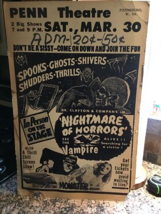 Spook Show Large Window Card 17” X 26” Nightmare Of Horrors Vintage
