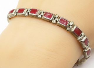 925 Sterling Silver - Vintage Red Carnelian Square Link Chain Bracelet - B5169