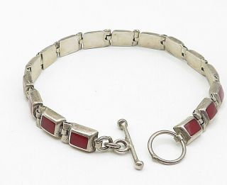 925 Sterling Silver - Vintage Red Carnelian Square Link Chain Bracelet - B5169 2