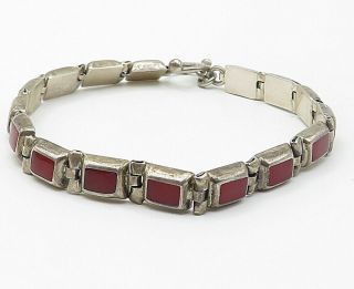 925 Sterling Silver - Vintage Red Carnelian Square Link Chain Bracelet - B5169 4