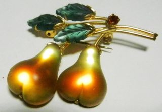Gf Austria Carved Glass Pears & Leaves Fruit Brooch/pin W/faux Topaz - Vintage