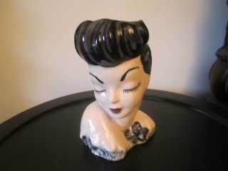 Vintage Pottery Head Vase Planter Woman With Black Hair.