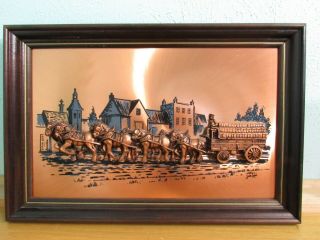 Signed Framed Art Vintage John Louw Copper 3 - D Budweiser Clydesdale Stagecoach