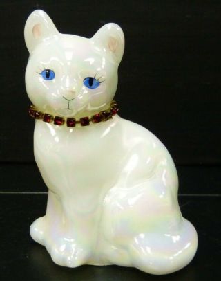 Vintage Fenton Hand Painted Opalescent Glass Cat Figurine Singed B Montgomery