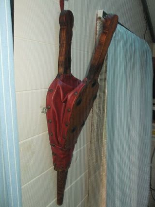 Vintage French Wooden Rustic Fire Place Bellows Red Leather Bellows Decorative