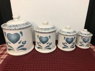 Vintage Set Of 4 Jay Canisters Blue Heart Pattern