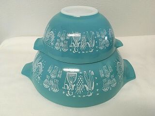2 Vintage Pyrex Cinderella Nesting Mixing Bowls Amish Butterprint Turquoise