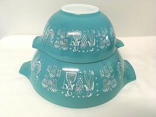 2 Vintage Pyrex Cinderella Nesting Mixing Bowls Amish Butterprint Turquoise 2
