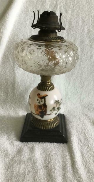 Vintage Kerosene Table Lamp Owl Decoration On Front Star And Moon Pattern