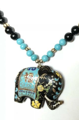 Vintage Chinese Enamel Cloisonne Elephant Pendant Necklace Black Blue Gold Beads