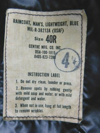 Vintage Vietnam USAF US Air Force Mans Military Uniform Nylon Blue Raincoat 40 R 7
