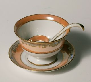 Vintage Art Deco Noritake Sauce Bowl Set - Caramel Luster With Flowers & Spoon
