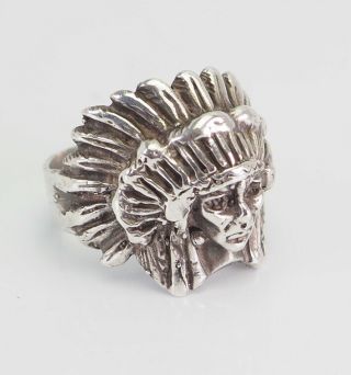 Handmade Vintage Sterling Silver Native American Chief Men Women Ring Sz 9.  5