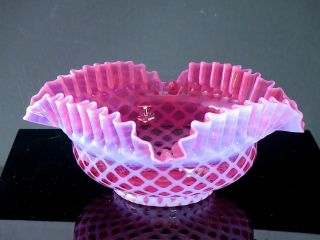 Vintage Fenton Glass Opalescent Cranberry Diamond Optic Brides Basket Bowl