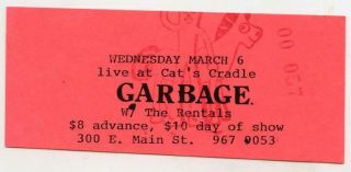 Vtg 1990s Garbage Concert Show Ticket Stub Cat 
