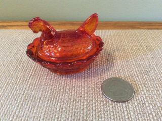 Vintage Miniature Degenhart Hen On The Nest,  Red With Yellow Highlights,  Marked