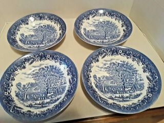 4 Vintage Currier & Ives Blue & White 7.  75 " Soup Bowls Churchill England