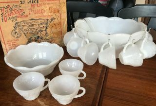 Anchor Hocking White Punch Bowl Set Grape Design 12 Cups,  Base,  Ladle,  Vintage