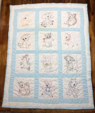 Vintage Baby Blanket Embroidered Quilt Animals Blue Handmade Dog Cat Elephant