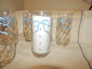 6 Vintage Libbey Glasses Pink Flowers Blue Ribbons 14oz Tumbler Drinking Libby