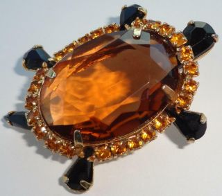 Vintage Topaz & Black Rhinestone Jelly Belly Turtle Pin - Unsigned Alice Caviness