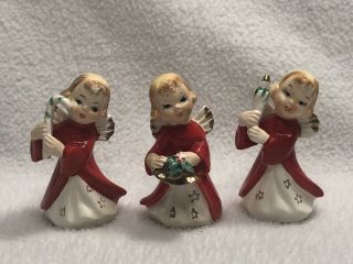 Set Of 3 Vintage Japan Ceramic Christmas Angels Red Coat Gold Trim 3.  5 "